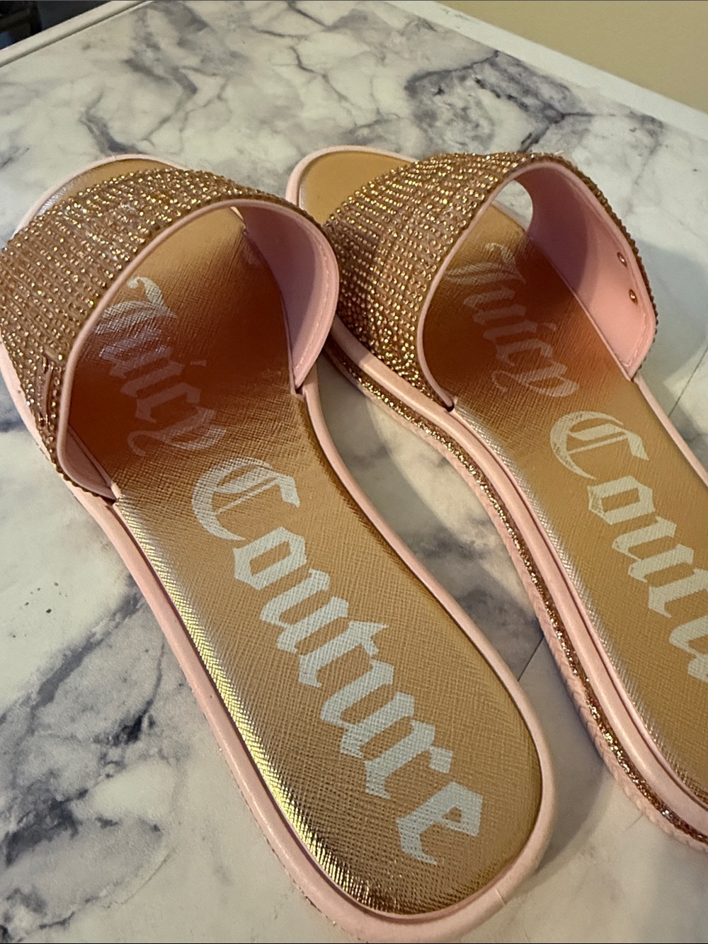 Juicy Couture Pink Rose Gold Crystal Slide Sandals - Picture 3 of 3
